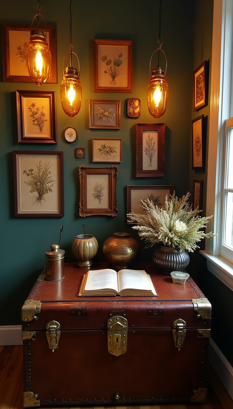 Curated library nook guest book station with vintage trunk table, hand-bound book under spotlight, brass accents, amber lanterns, and gallery wall of vintage frames and dried florals.