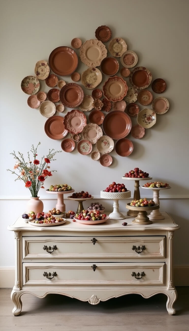 Abundant dessert display on antique dresser with milk glass and brass cake stands, fresh figs and grapes, dried flower installation above, and vintage blush and terra cotta plates.