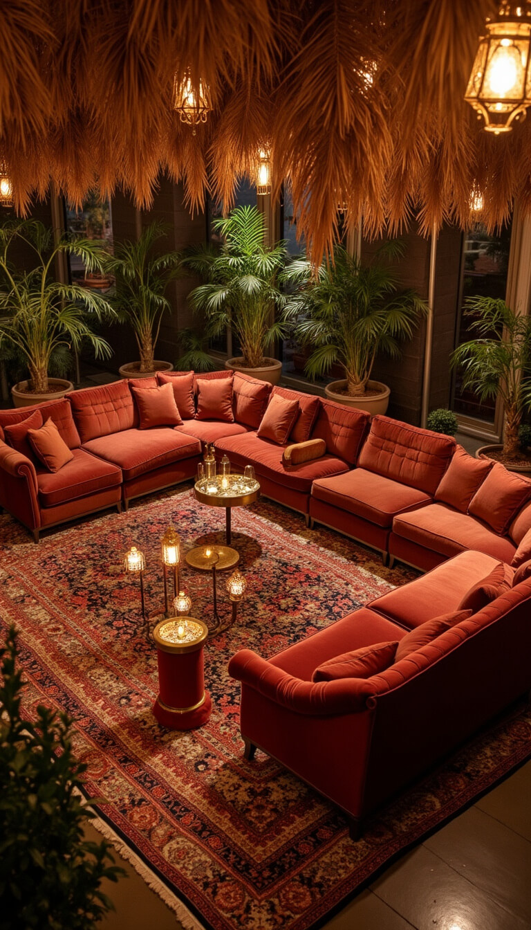 Elevated view of a festive 20x20ft dance floor lounge with jewel-toned vintage sofas, brass side tables with Moroccan lanterns, geometric rugs, and overhead dried palm and pampas installation under amber theatrical lighting.