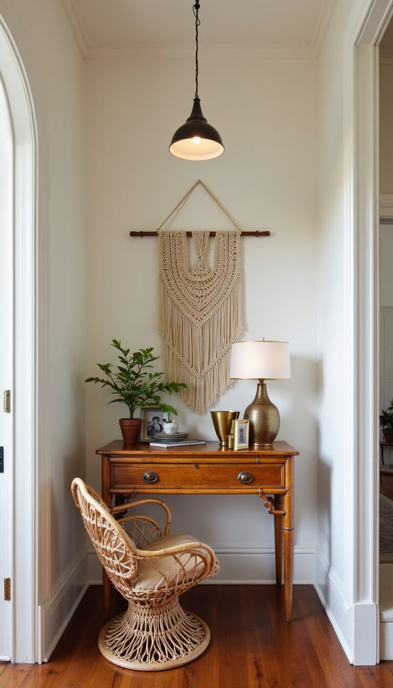 Vintage-inspired gift table in cozy alcove with bamboo console, brass accents, family photos, macramé wall art, rattan peacock chair, and warm lighting.