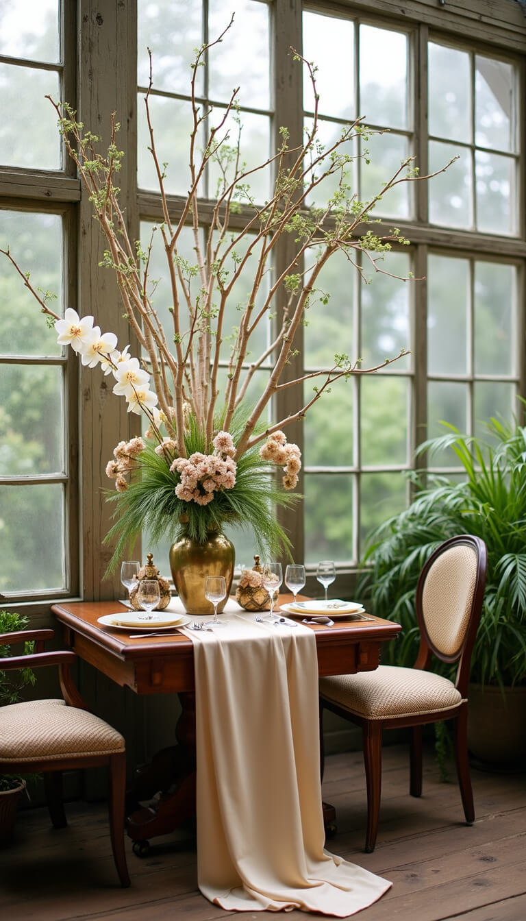 Sweetheart table in greenhouse corner with antique wood, silk runner, brass decor, tall floral arrangement, and peacock chairs under soft afternoon light.