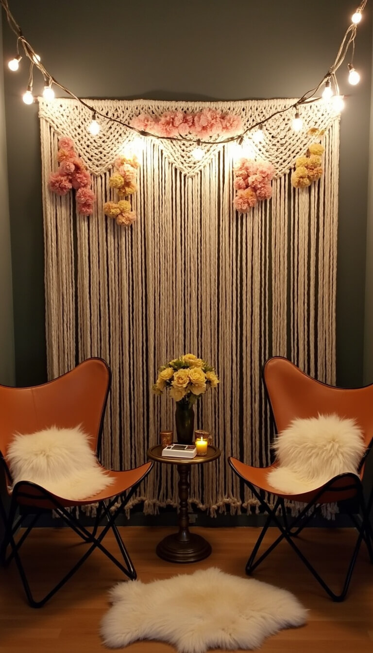 Photo booth corner with macramé backdrop, dried flowers, vintage leather chairs with sheepskin throws, brass mirror, Polaroid station on side table, and string light canopy, shot from three-quarter angle with warm, interactive lighting.