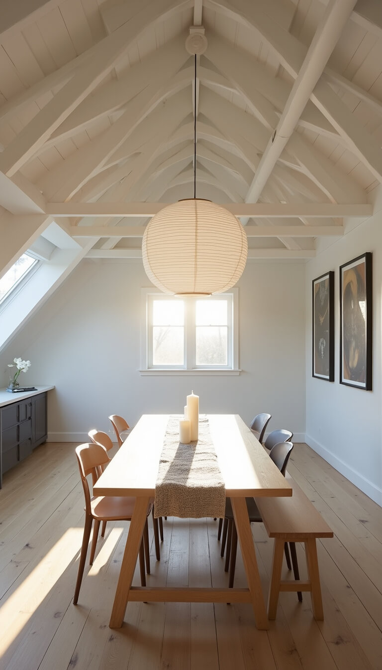 Bright dining room at sunrise with exposed beams and bleached pine table.