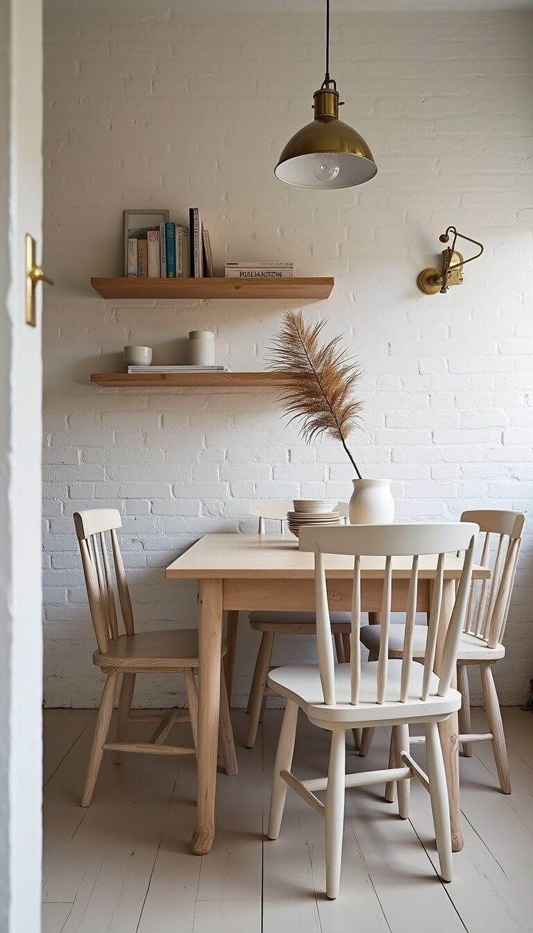 Cozy dining room with white brick walls, pale wood floors, and brass swing arm lamps.