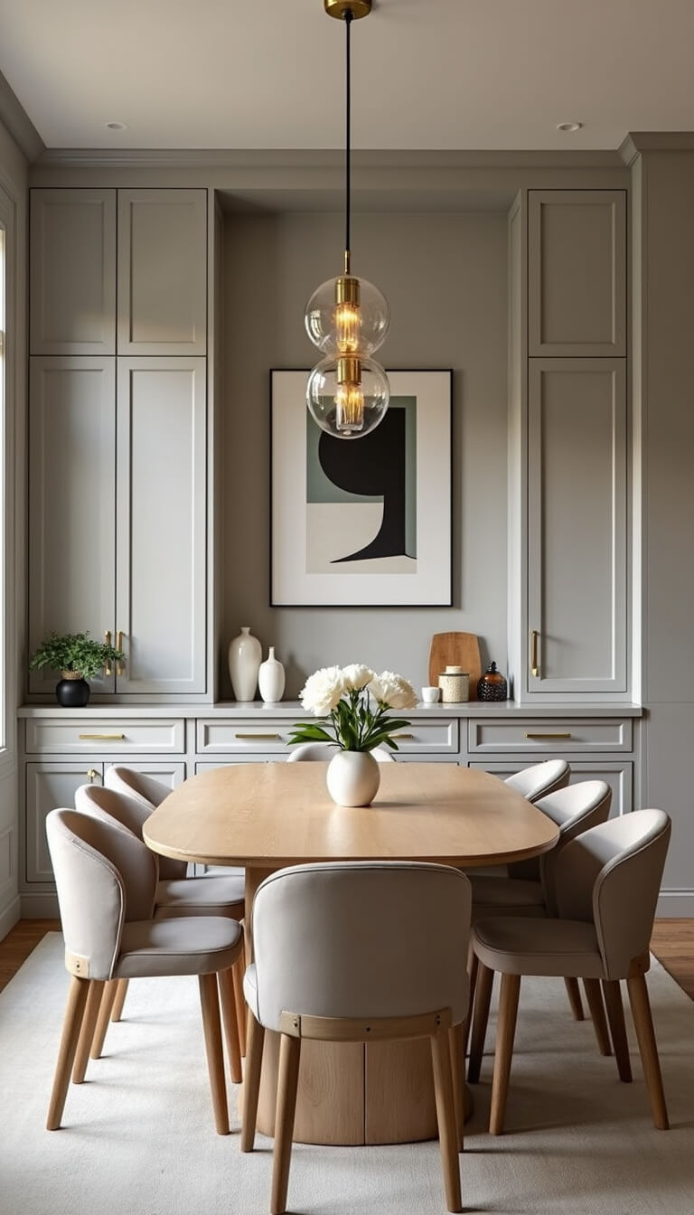 Elegant dining area with light oak oval table, linen chairs, and brass chandelier.