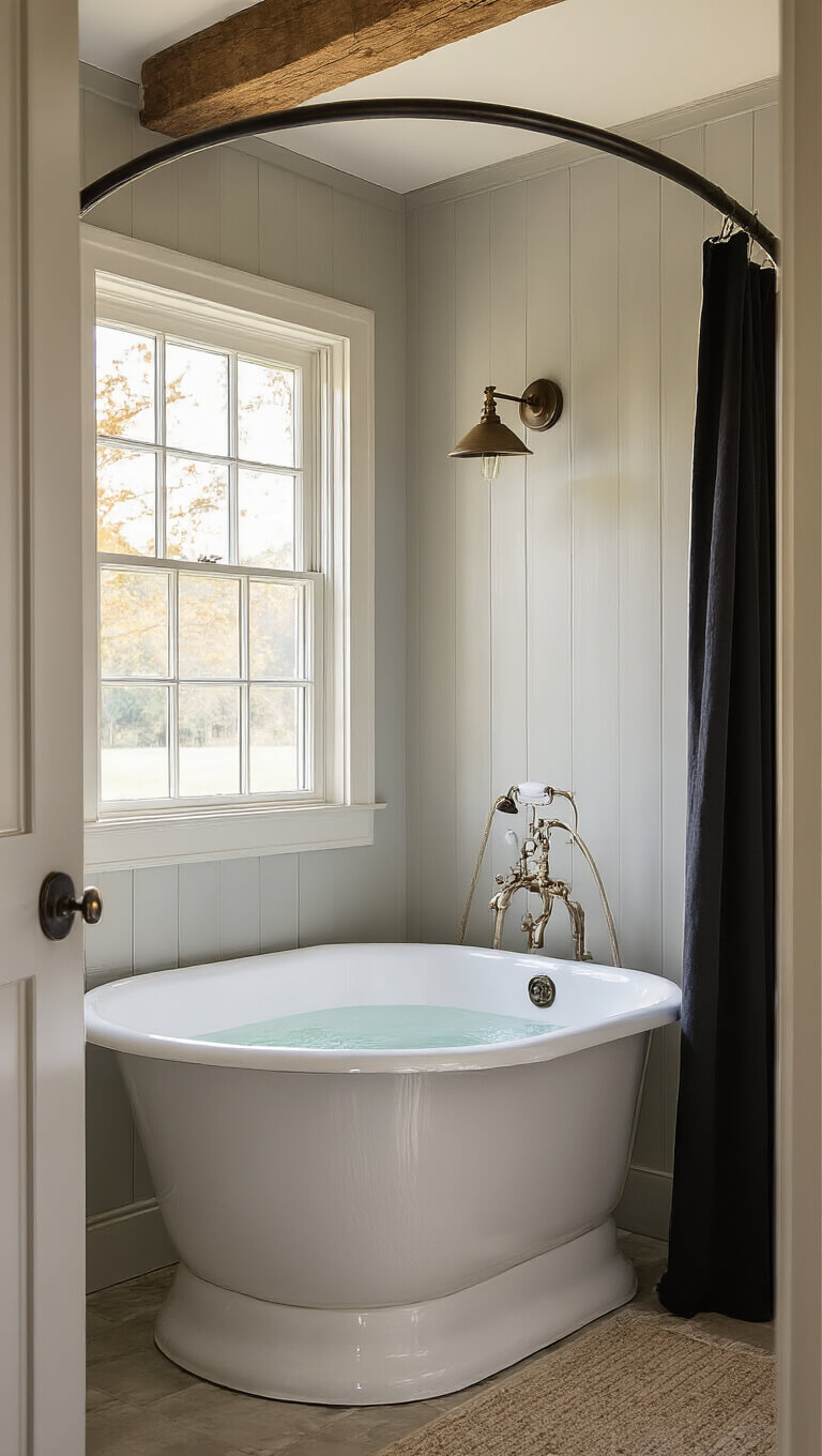 Farmhouse bathroom with clawfoot tub and exposed beam ceiling bathed in golden hour light.