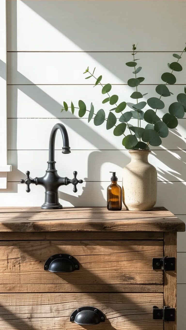 Rustic bathroom vanity with reclaimed wood, antique brass faucet, and apothecary decor in moody afternoon light.