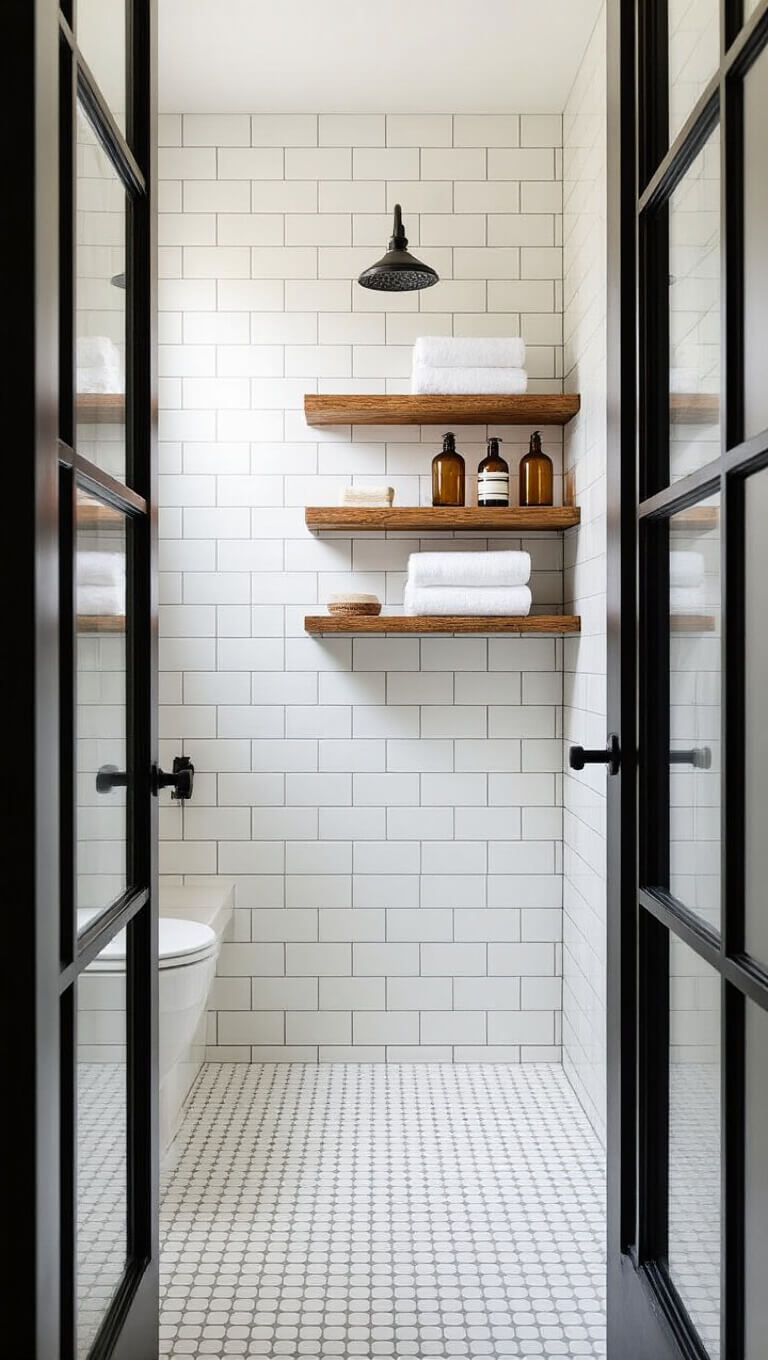 Small bathroom with white penny tile floor, subway-tiled shower, black-framed glass partition, and rustic wooden shelves holding white towels and amber bottles.