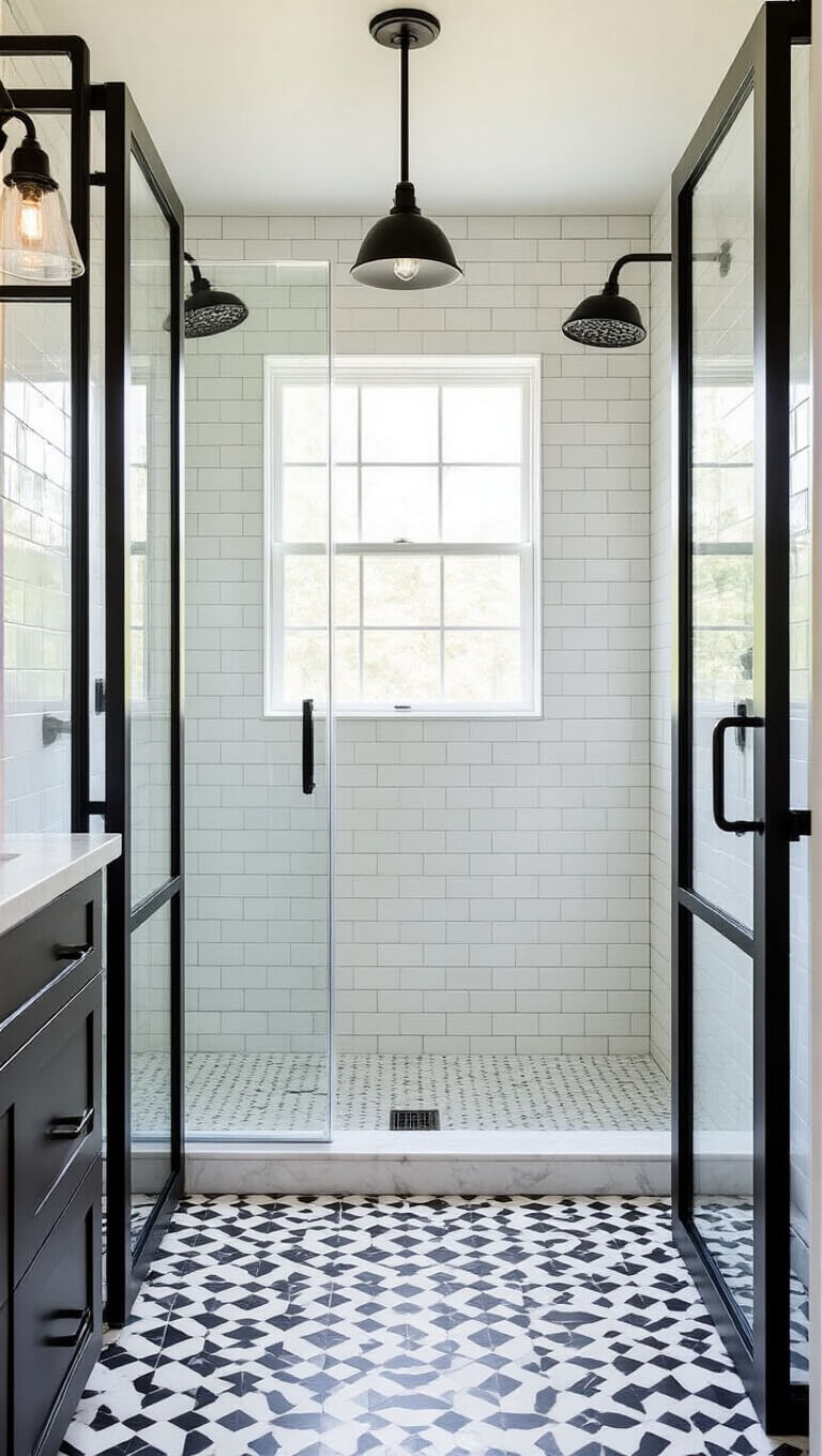 Midday bathroom with geometric floor tiles, white subway shower walls, glass door revealing marble hexagon tile floor, and black industrial light fixtures.