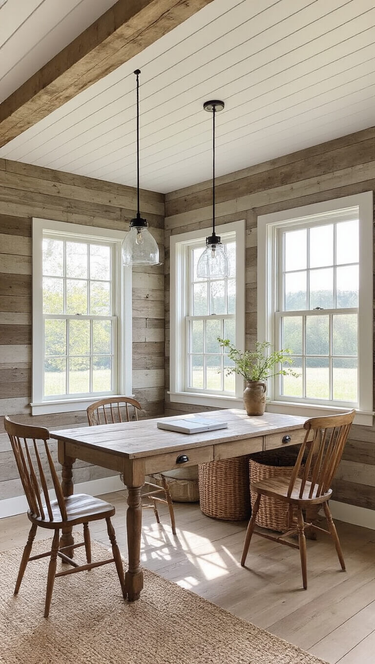 Farmhouse studio with morning light, reclaimed wood accent wall, vintage desk, Windsor chairs, and mason jar lights, viewed from above.