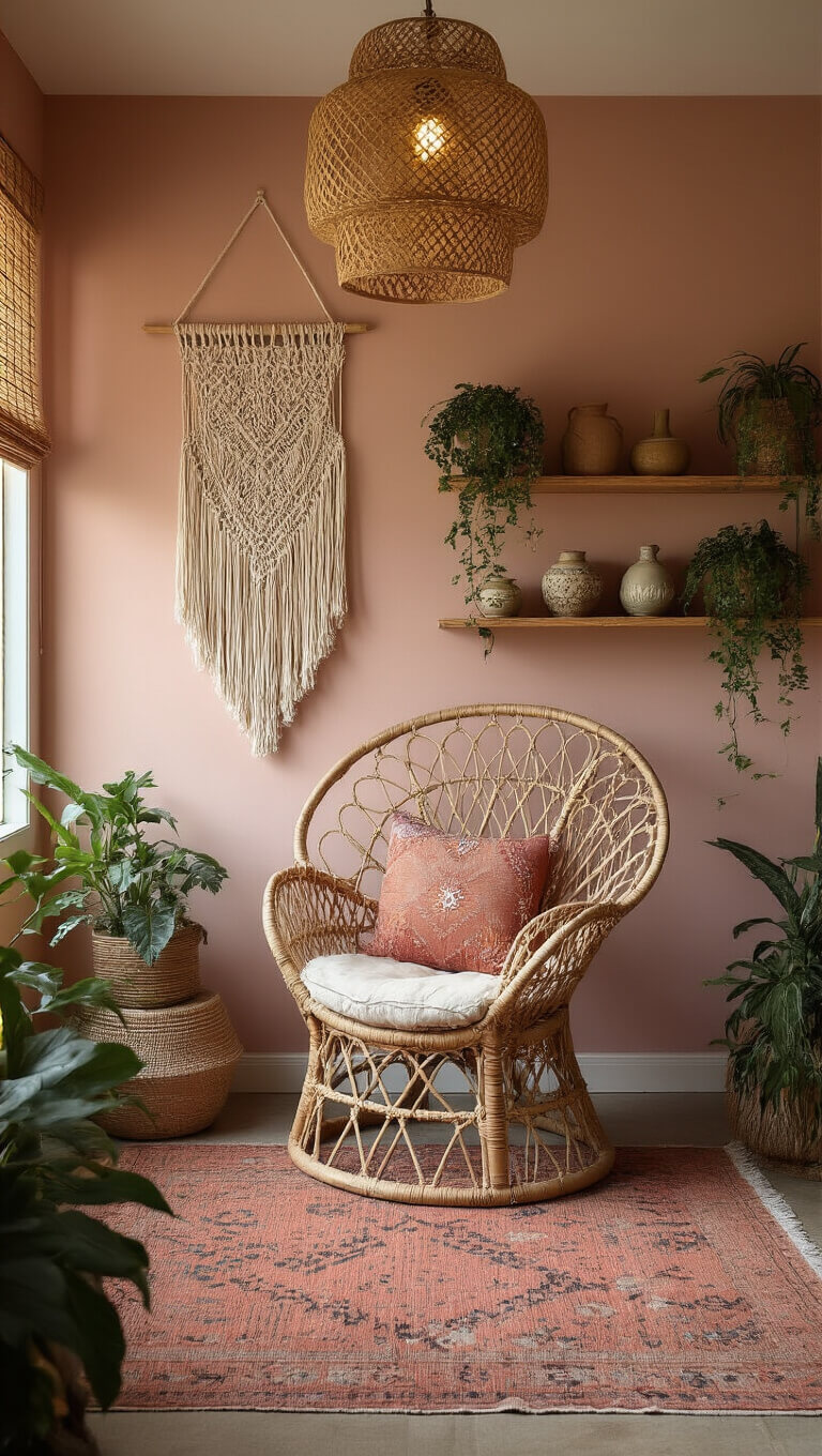 Boho retreat with rattan peacock chair, macramé wall hanging, kilim rug, and warm dusk lighting.