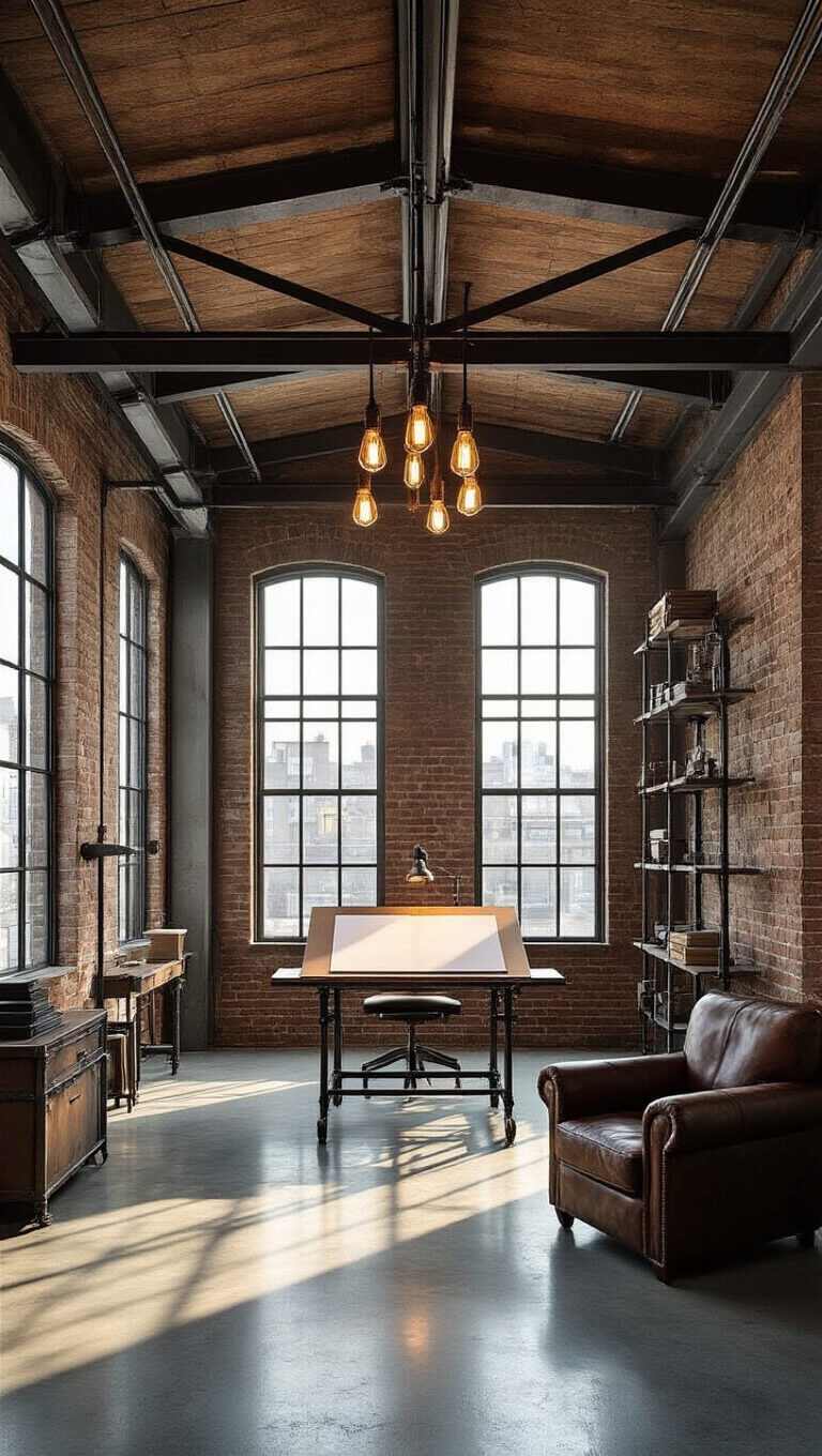 Industrial chic studio with exposed steel beams, vintage drafting table, metal shelving, and polished concrete floors, shot wide-angle to highlight vaulted ceiling and ambient lighting.