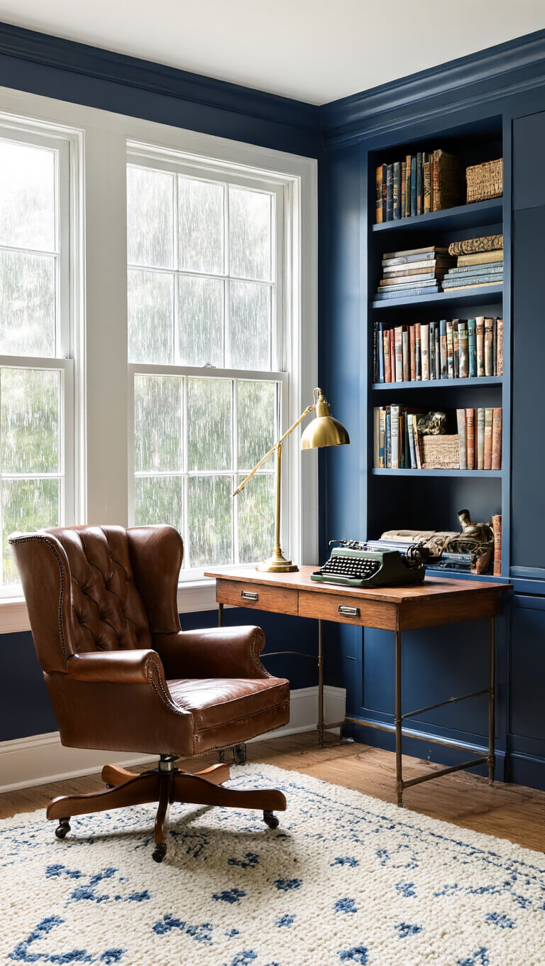 Cozy writer's nook with navy built-in bookshelves, leather wingback chair, brass floor lamp, vintage typewriter on oak desk, and cream-blue wool rug, softly lit by rain-streaked window.