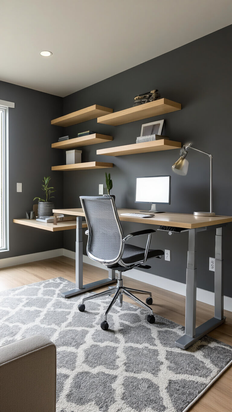 Low-angle view of a contemporary 10'x14' workspace with charcoal gray walls, blonde wood floating shelves, a diagonal glass sit-stand desk, chrome ergonomic mesh chair, gray and white geometric rug, and smart lighting in cool tones.
