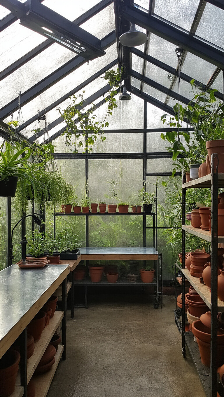 Greenhouse studio with glass panels and black metal framing, featuring a zinc-topped potting bench, pulley-hung plants, terracotta pots on industrial shelves, and visible misting system in soft morning light.