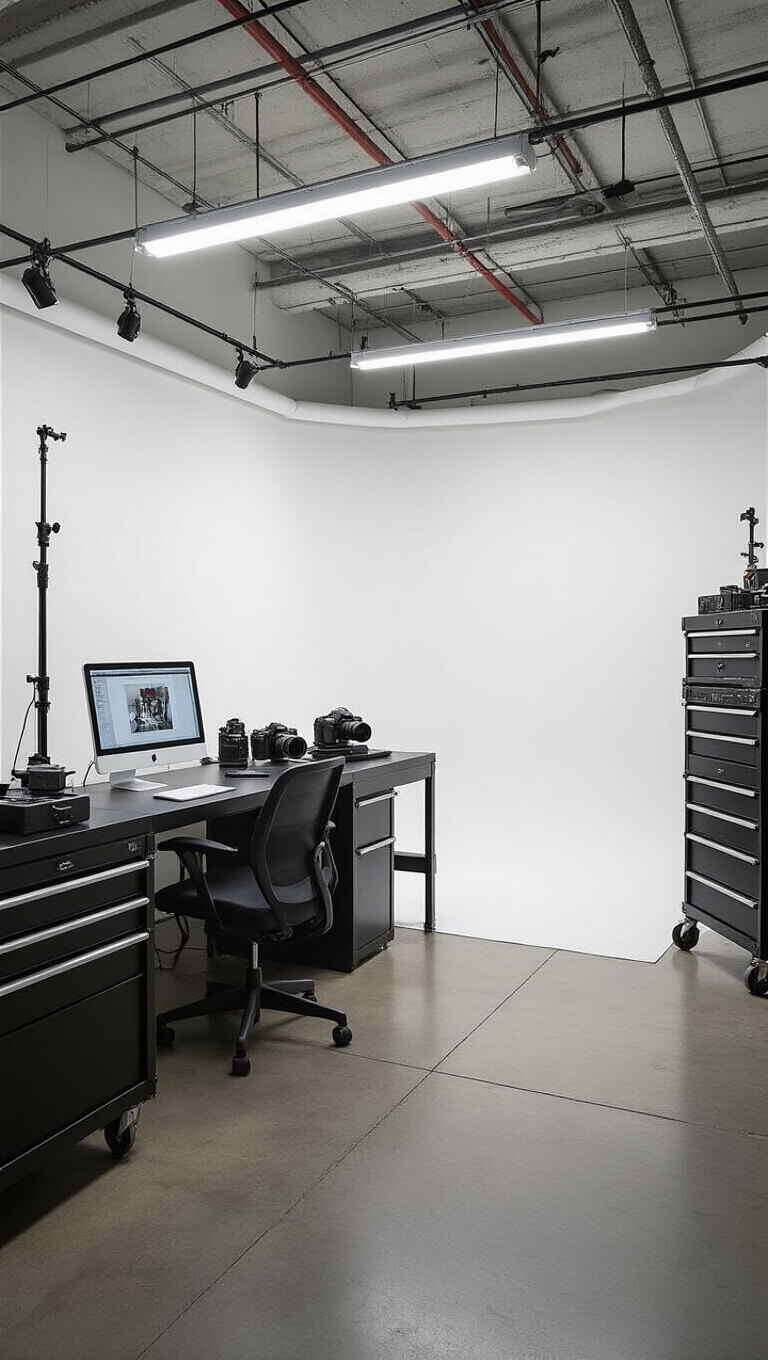 Professional photography studio with white cyclorama wall, ceiling track lighting, black digital workstation, film camera display, aluminum storage units, and visible technical lighting diagram.