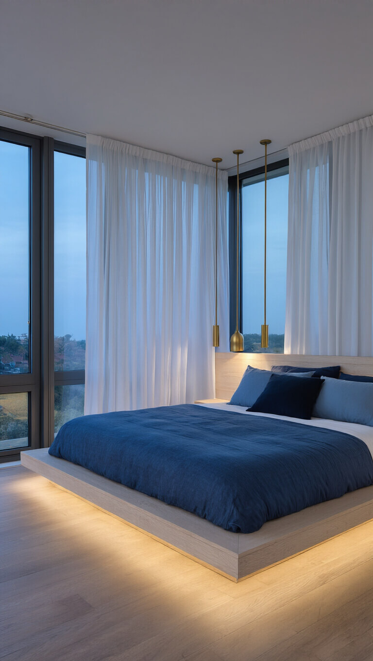 Wide-angle view of a calm bedroom at dusk with floor-to-ceiling windows, sheer curtains, whitewashed oak bed, blue gradient pillows, and brass wall sconces.