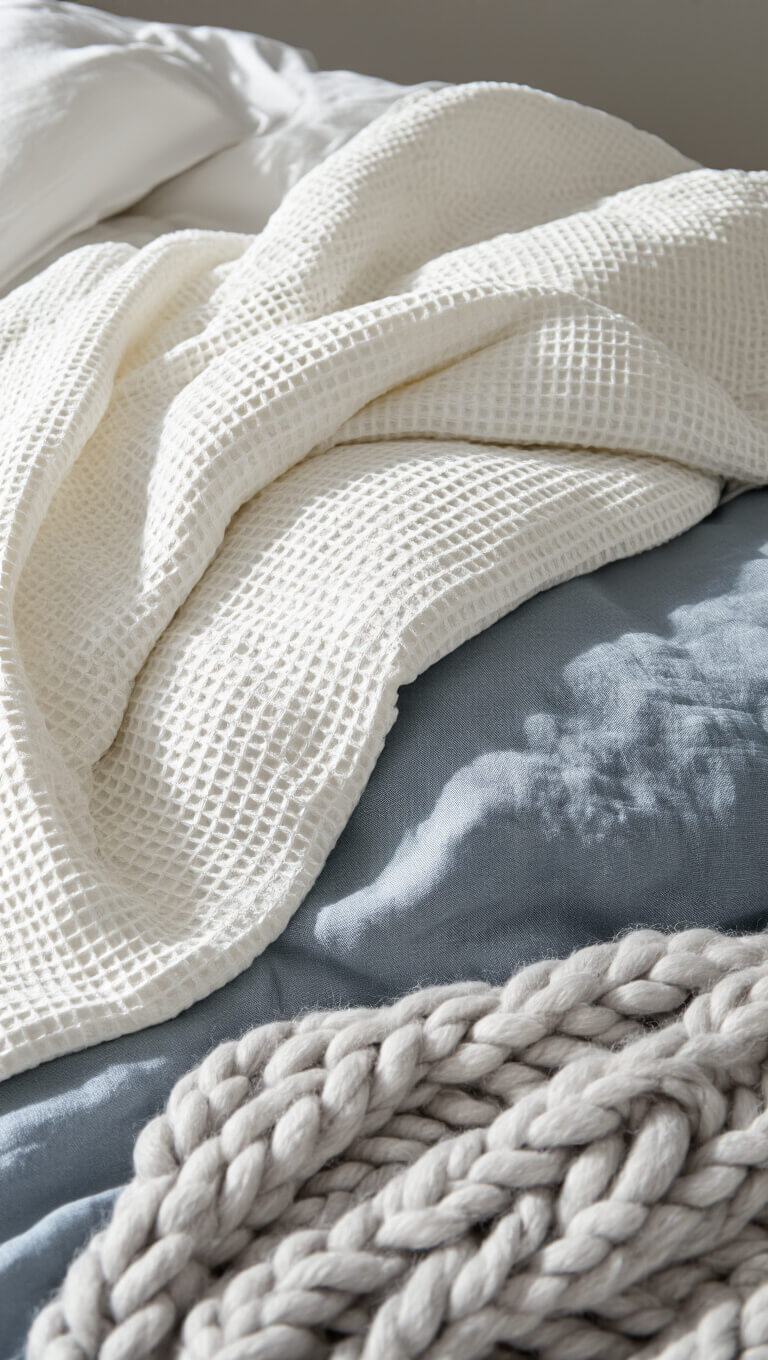 Close-up of layered bedding textures including white waffle blanket, steel blue duvet, and pale grey knit throw in soft morning light.