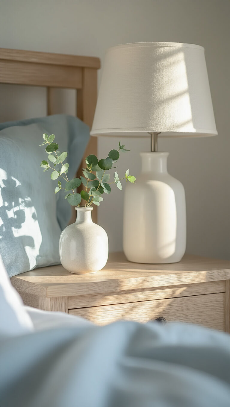 Close-up of a bedside table with a white ceramic lamp, eucalyptus in a glass vase, and soft blue and white bedding illuminated by morning light.