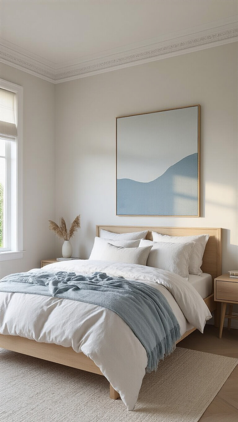 Serene bedroom with high ceilings, pale wood bed dressed in white and blue linens, abstract artwork, and warm golden hour sunlight.