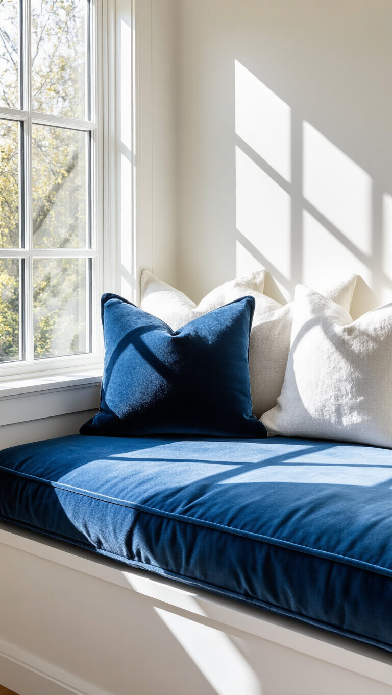 Window nook with blue velvet bench cushions and white pillows, bathed in morning light casting geometric shadows.