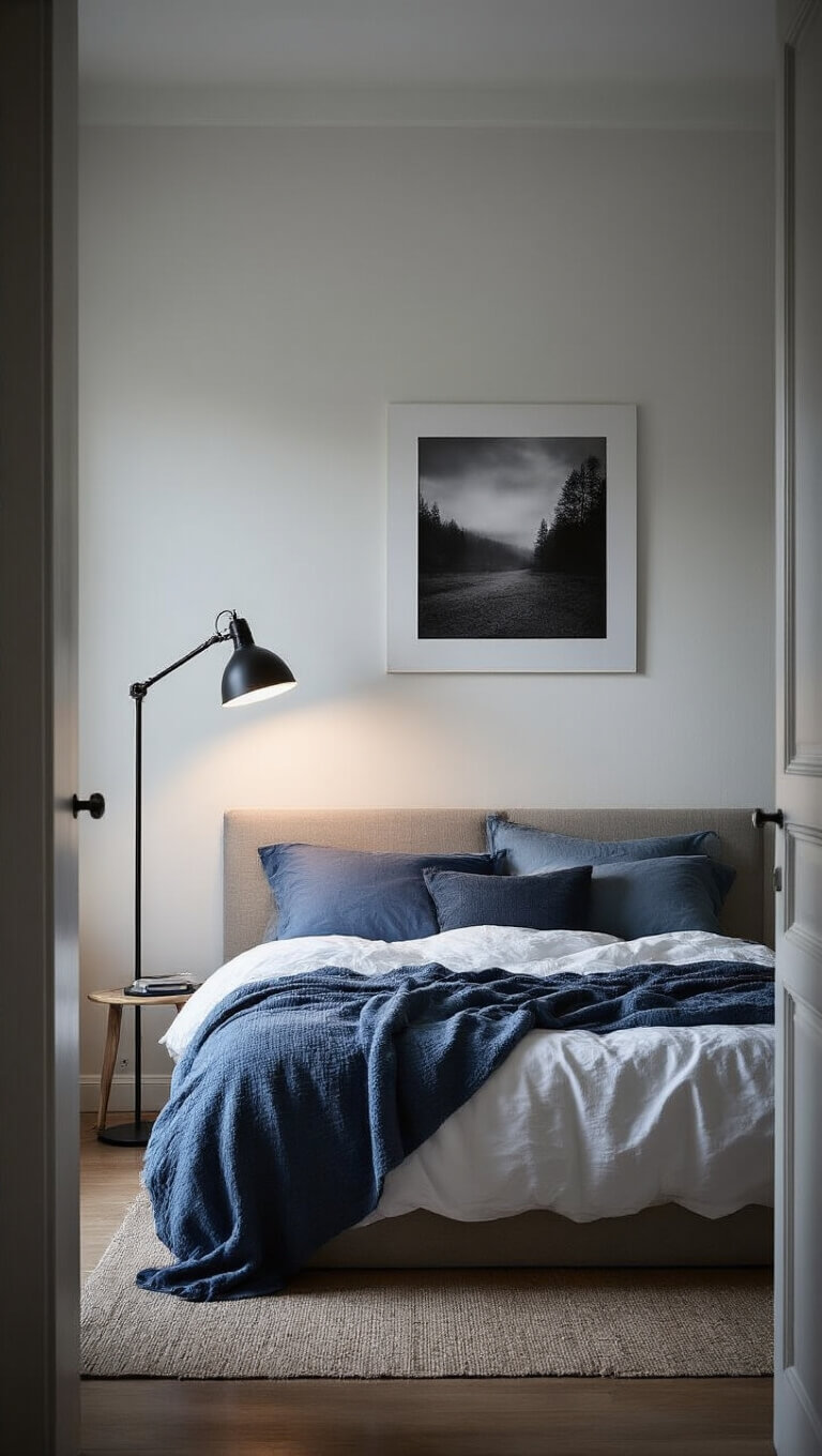 Moody evening bedroom featuring a modern floor lamp, layered blue bedding over white sheets, and a large black and white photograph above the headboard.