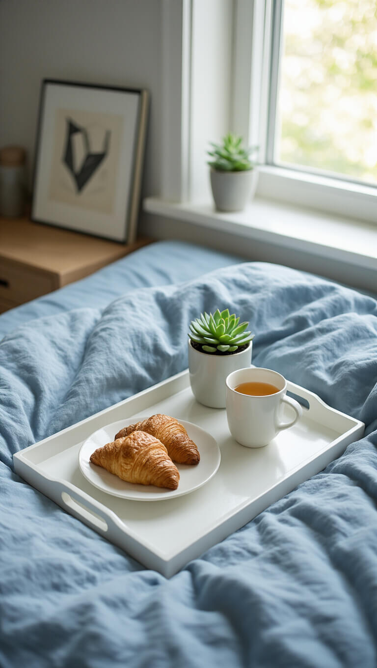Overhead shot of breakfast in bed on rumpled blue linen, with a white tray holding a succulent and an art book in natural light.