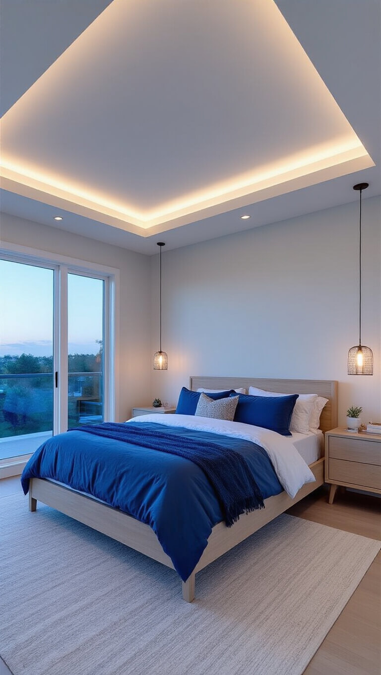 Modern master bedroom with high tray ceiling, hidden LED lighting, minimalist pendant lamps, and a low bleached oak bed dressed in monochromatic blue bedding.
