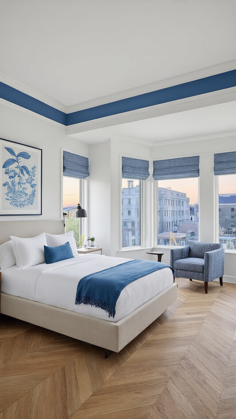 Elevated view of a modern bedroom at dawn with herringbone wood floors, white walls, blue accents, and a platform bed with white linens and a blue throw.