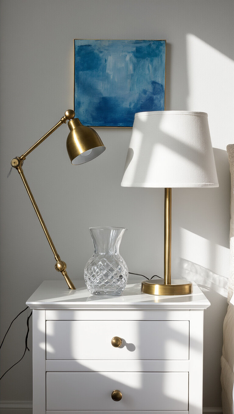 Modern bedside setup with brass lamp, white nightstand, blue abstract art, and crystal water carafe in soft morning light.