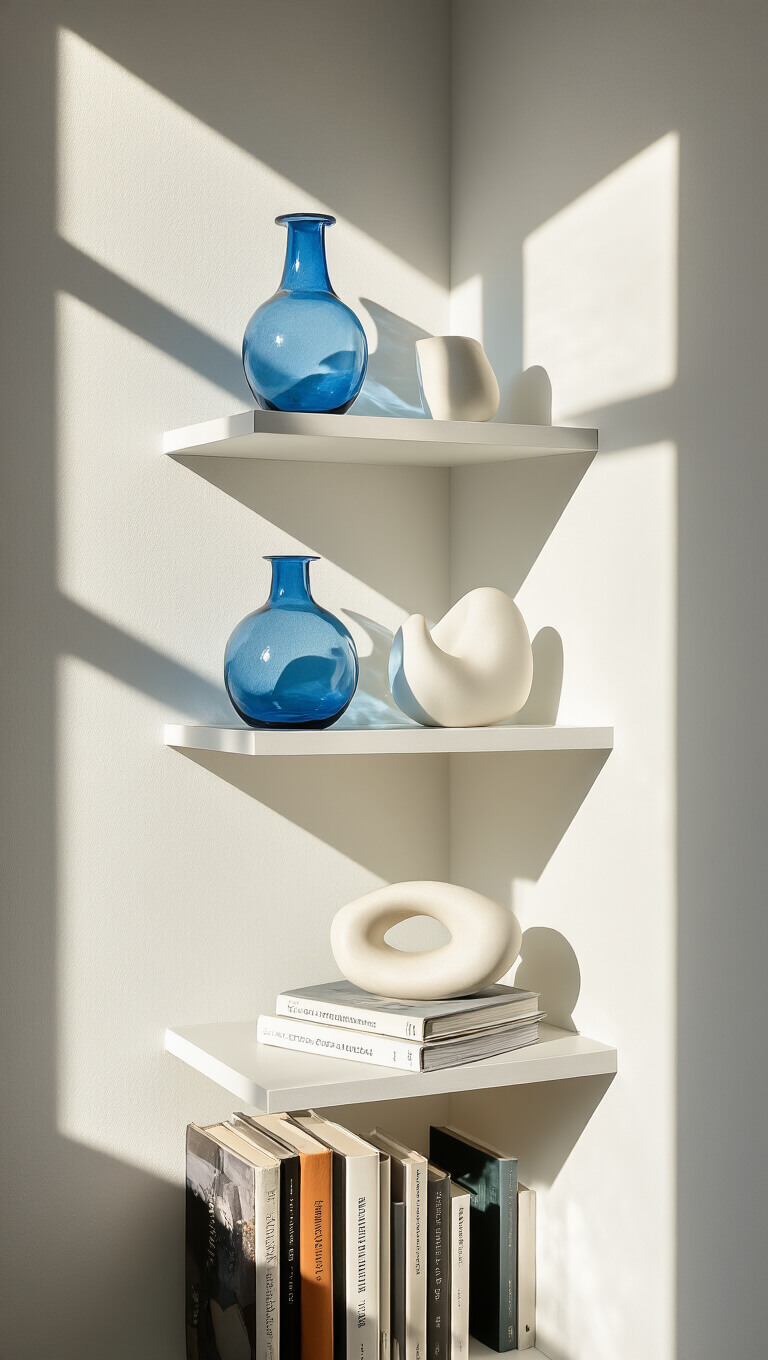 Minimalist bedroom corner with floating white shelves displaying a blue glass vase, white ceramic sculpture, and art books, illuminated by late afternoon light.