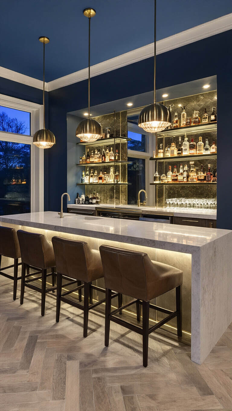 Sleek modern basement bar with floating quartz waterfall countertop, backlit glass shelving, leather bar stools, and antique mirror backsplash reflecting brass pendant lights over herringbone tile flooring.