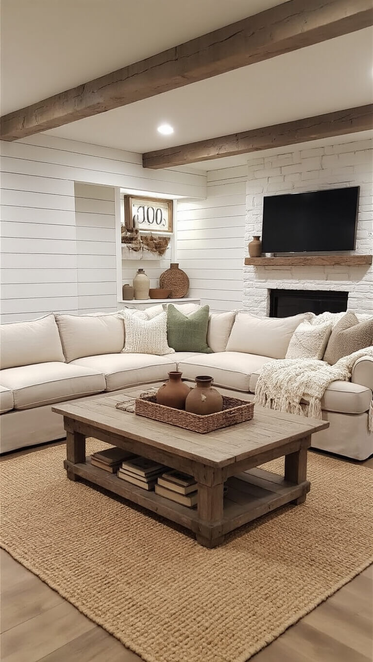 Inviting farmhouse-style basement family room with shiplap walls, whitewashed stone fireplace, oversized linen sofa, vintage accents, and warm neutral palette at dusk.