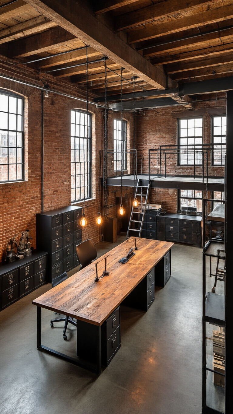 Industrial-style basement workspace bathed in golden hour light, featuring exposed beams, brick walls, reclaimed wood table, Edison bulbs, and vintage metal decor.