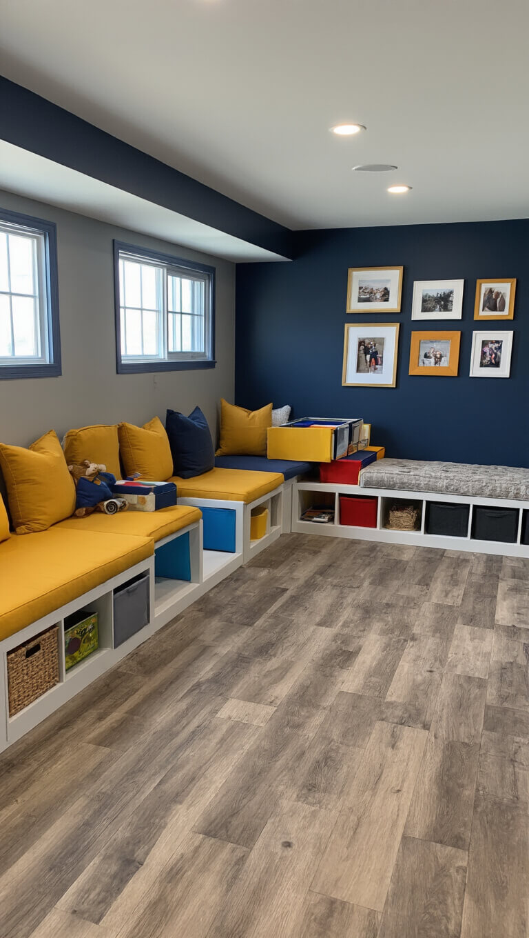 Spacious family-friendly basement featuring built-in bench seating, vibrant play area, <a href=