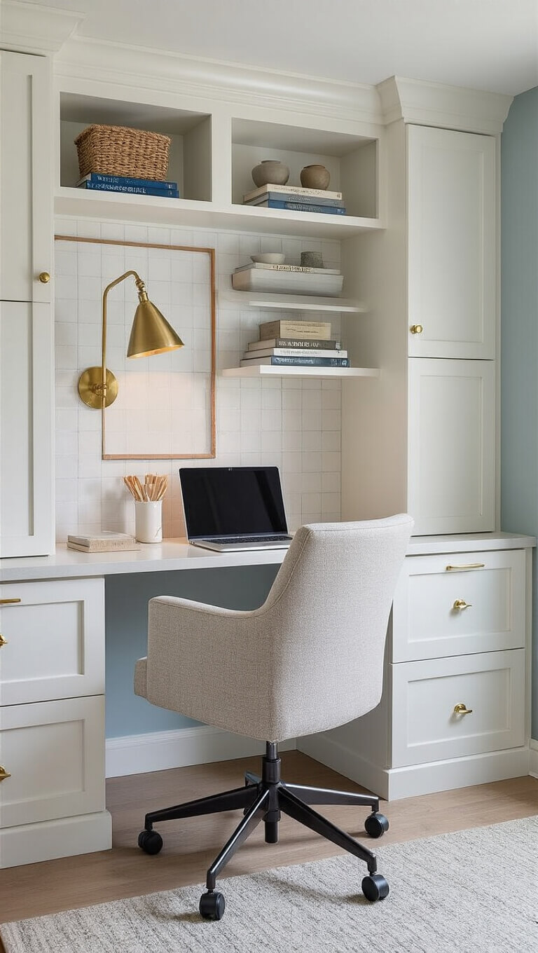 Versatile basement office nook with built-in white desk, brass wall sconces, ergonomic chair, and neatly arranged shelves with books and ceramics.