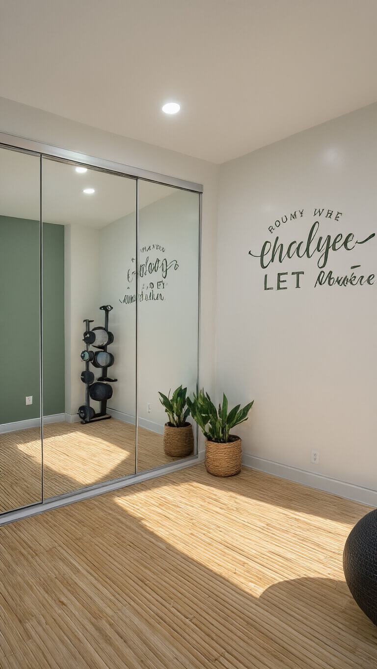Bright basement yoga area with full-length mirror, bamboo flooring, organized equipment storage, minimalistic decor, potted plants, and inspirational artwork in soft natural tones.