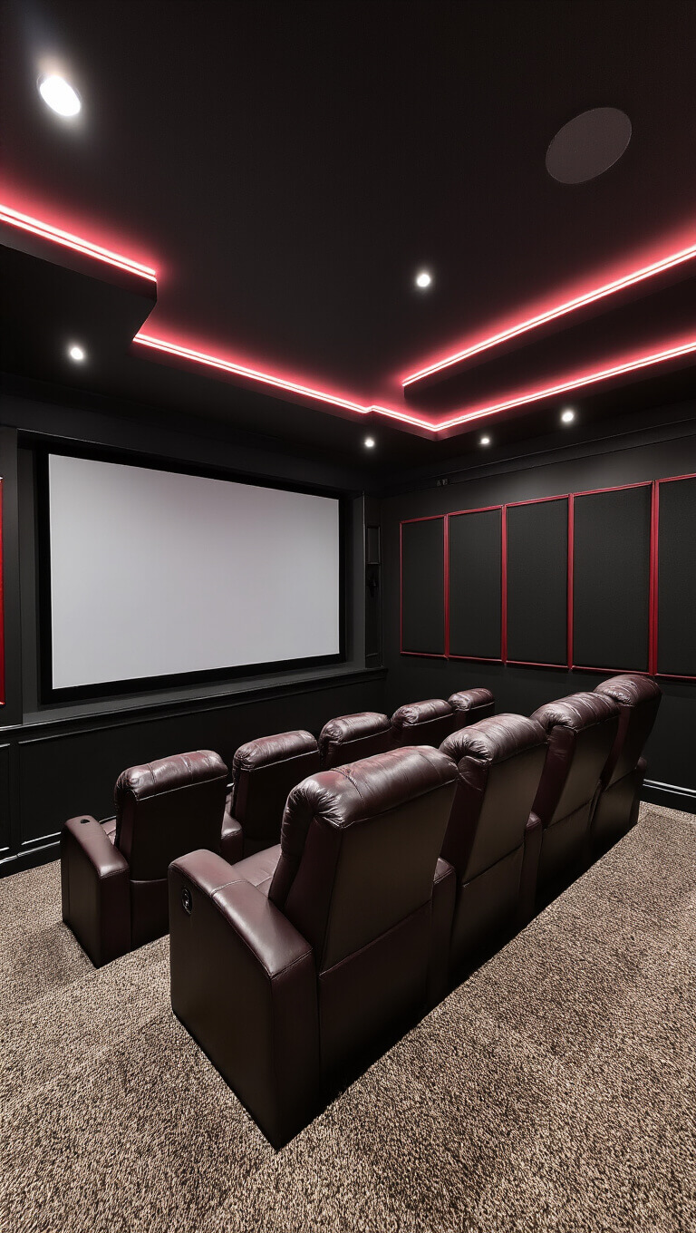 Home theater basement with stadium-style seating, leather recliners, LED accent lighting, acoustic panels, and a large projection screen in a cozy dark setting.