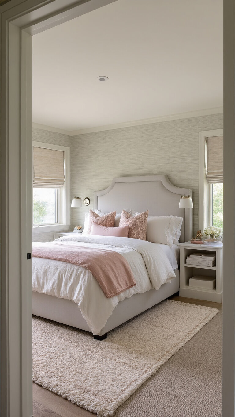 Sunlit basement guest room with queen bed, upholstered headboard, layered bedding, cozy reading nook, grasscloth wallpaper, roman shades, and plush rug in soft gray, blush, and cream hues.