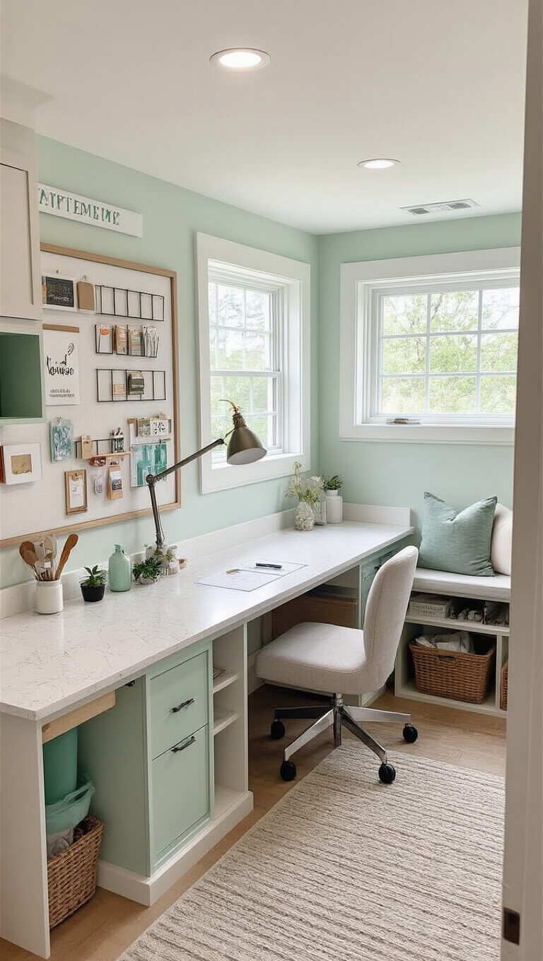 Bright basement craft room illuminated by large egress window, featuring quartz countertop workspace, cubbies, inspiration board, rolling cart, task lighting, and mint green and white color scheme.