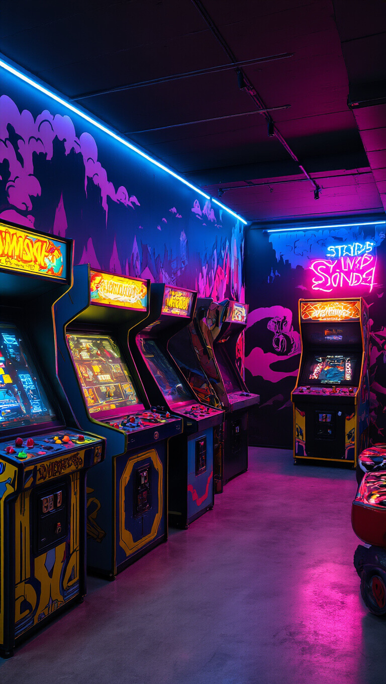 Retro arcade game corner in basement with vibrant LED lighting, custom neon signs, graphic murals, and polished concrete flooring, viewed from player's perspective.