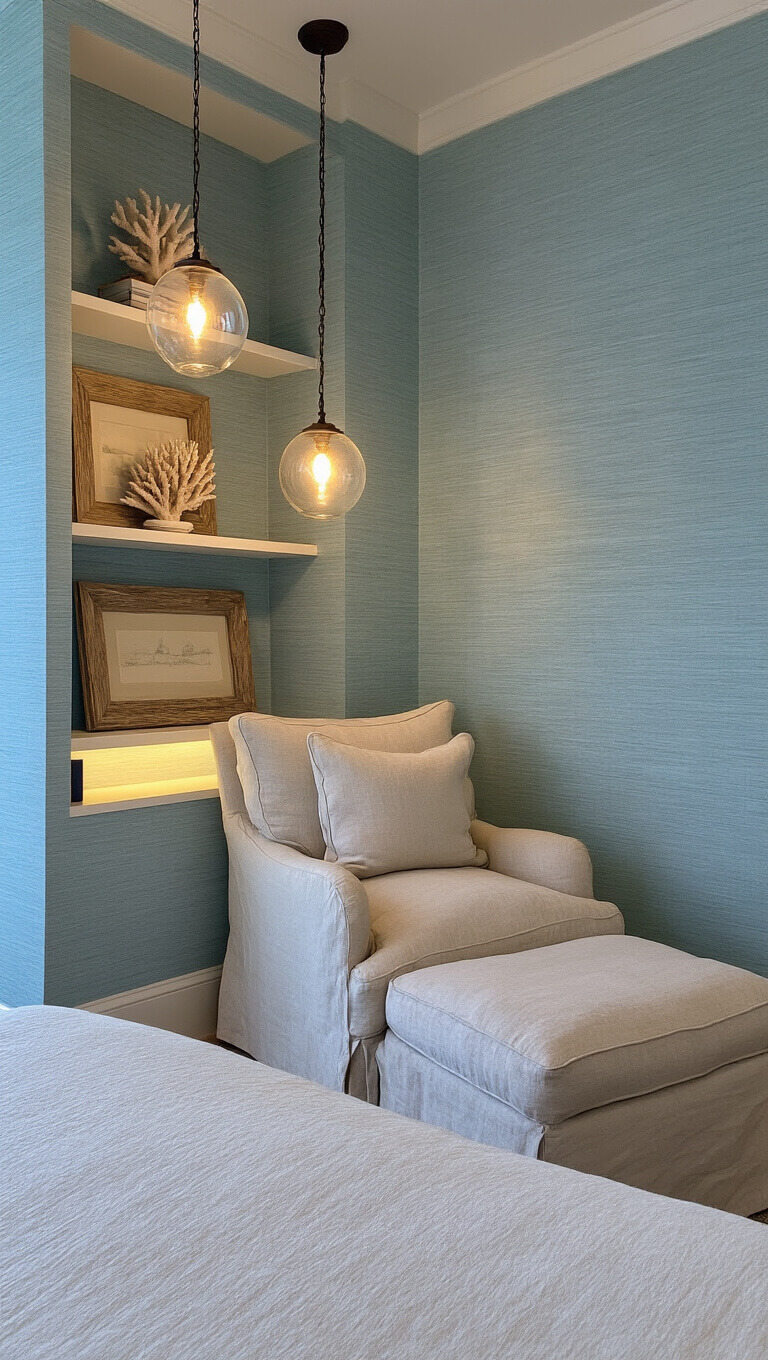 Cozy coastal bedroom corner at dusk with linen chair, soft pendant lighting, pale blue wallpaper, and styled bookshelf.