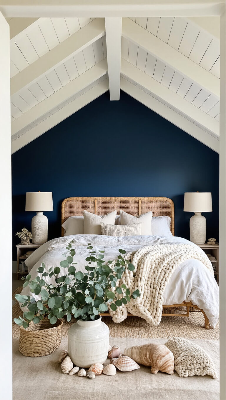 Late afternoon bedroom with vaulted ceilings, navy accent wall, rattan bed, ivory knit throws, ceramic lamps, and natural decor elements like eucalyptus and shells.