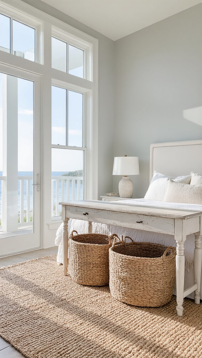 Coastal bedroom with white slipcovered headboard, seagrass baskets, and layered jute and wool rugs lit by mid-morning sunlight through tall windows.