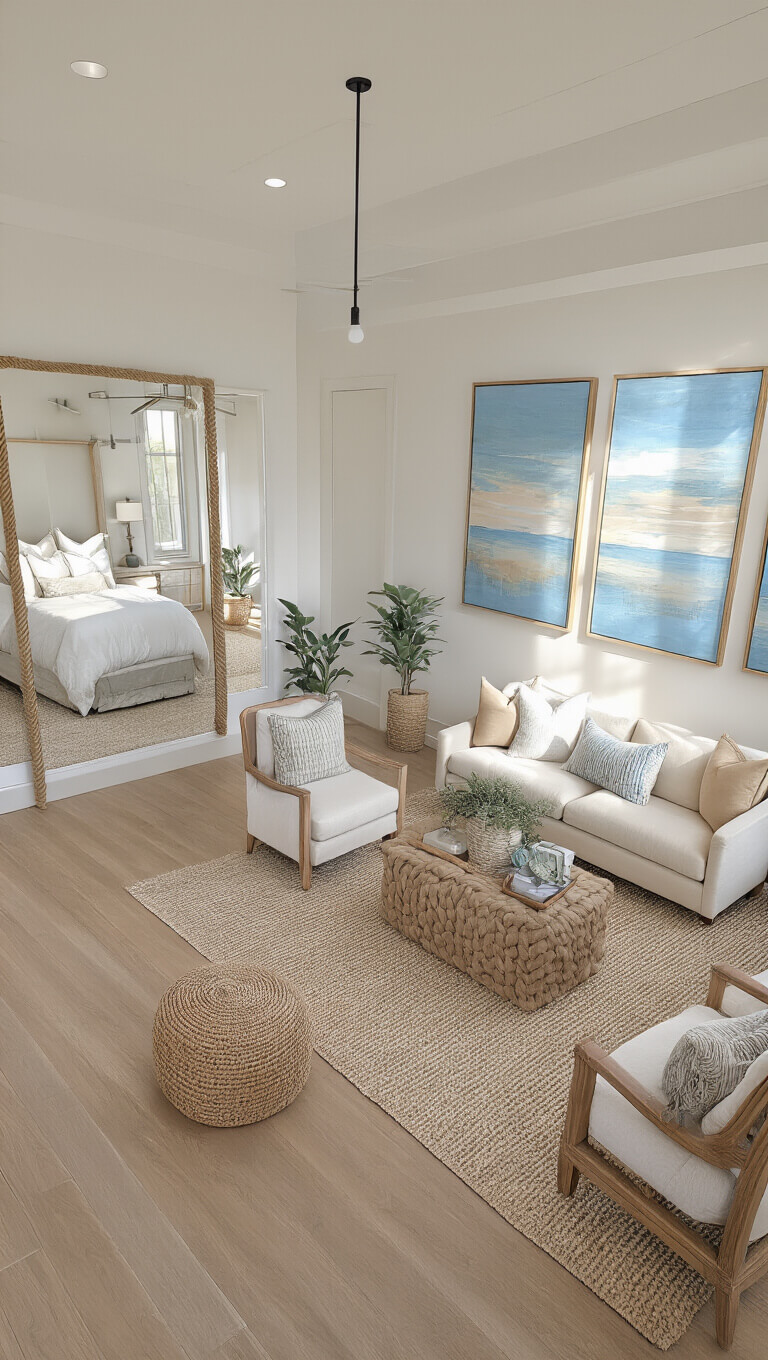 Overhead view of coastal-style master bedroom suite with sitting area, light oak floors, soft white walls, rope-detailed mirror, and natural fiber rug.