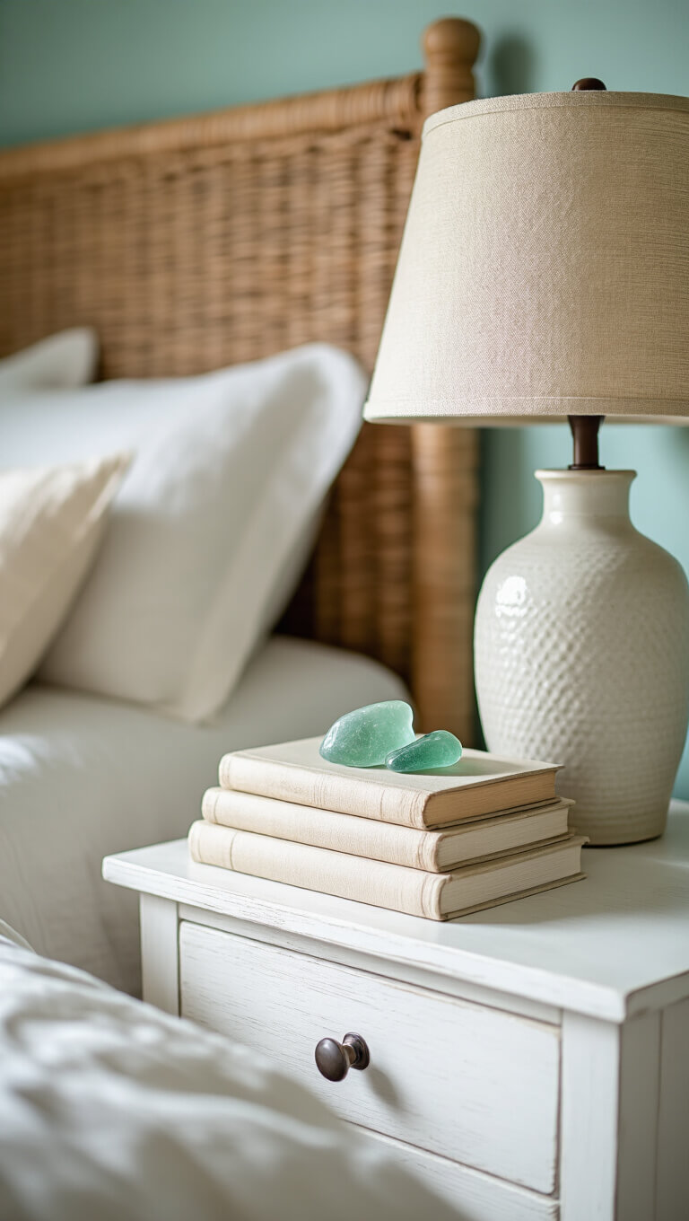 Close-up of whitewashed nightstand with linen books, sea glass, and ceramic lamp, set against soft-focus woven headboard and seafoam green wall in afternoon light.