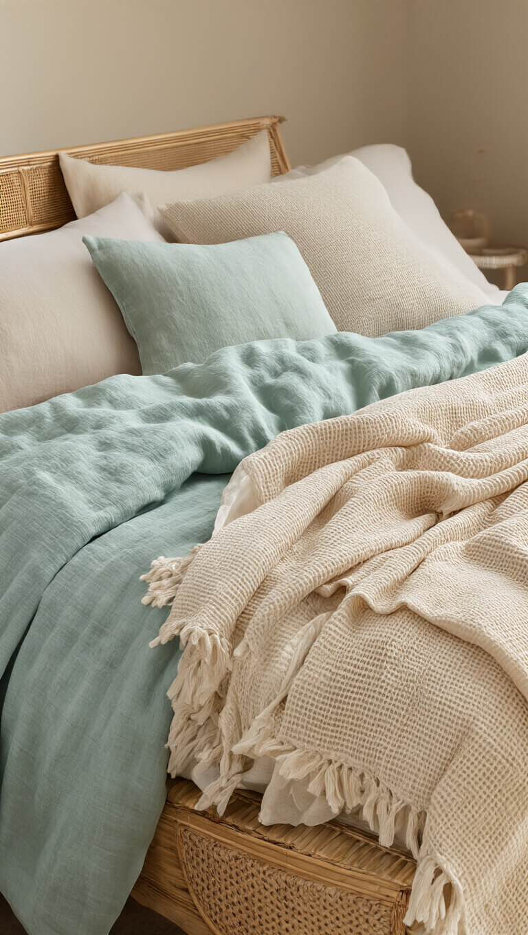Close-up of layered bedding with linen duvet, cotton waffle throws, and silk pillows in seafoam and sand tones; rattan furniture details in golden afternoon light.