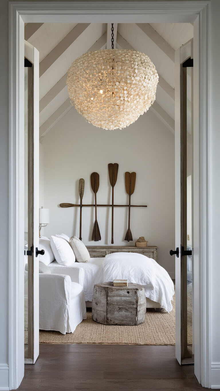 Bedroom at dusk seen through French doors, featuring a cathedral ceiling, capiz shell chandelier, white slip-covered chair, weathered side table, vintage oars on the wall, and moody ambient lighting.