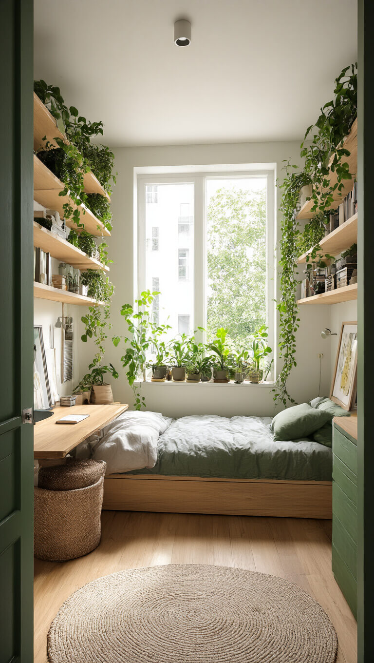 Small 8x10ft bedroom with tall floating shelves around window, trailing plants, fold-down wall desk, natural wood and green decor, viewed from doorway in soft afternoon light.