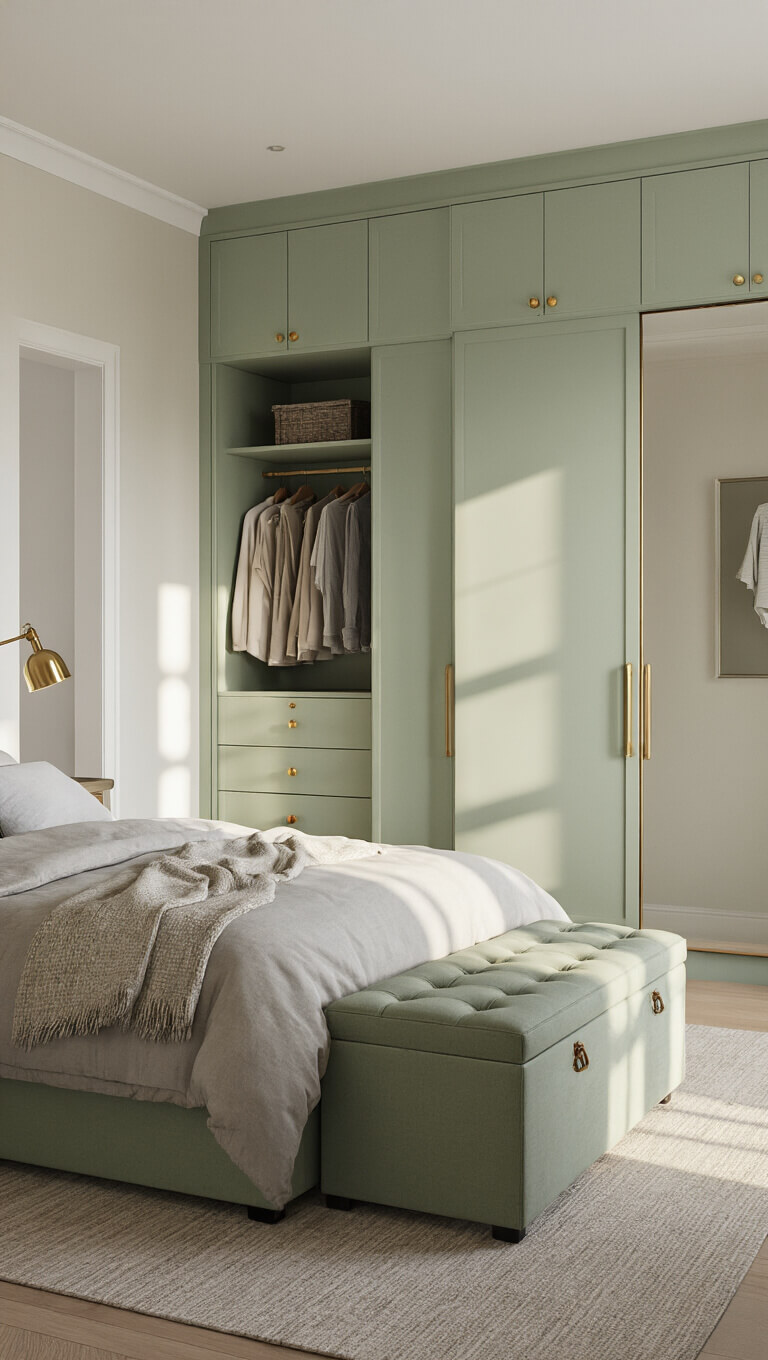 Small 9x11ft bedroom with sage green floor-to-ceiling wardrobe and hydraulic ottoman bed, mirrored sliding doors reflecting soft morning light, matte brass hardware accents visible from a low angle.